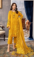 Shirt Embroidered Front Karandi 1.4M Embroidered Front Daman Patti 1M Back +Sleeves karandi 2M Embroidered Sleeves Patti 1.4M  Trouser Embroidered Karandi Trouser 2.5M  Dupatta Embroidered Luxury Organza Dupatta 2.5 M Embroidered Dupatta Patti 8M