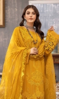Shirt Embroidered Front Karandi 1.4M Embroidered Front Daman Patti 1M Back +Sleeves karandi 2M Embroidered Sleeves Patti 1.4M  Trouser Embroidered Karandi Trouser 2.5M  Dupatta Embroidered Luxury Organza Dupatta 2.5 M Embroidered Dupatta Patti 8M