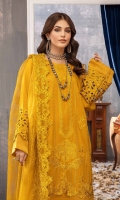 Shirt Embroidered Front Karandi 1.4M Embroidered Front Daman Patti 1M Back +Sleeves karandi 2M Embroidered Sleeves Patti 1.4M  Trouser Embroidered Karandi Trouser 2.5M  Dupatta Embroidered Luxury Organza Dupatta 2.5 M Embroidered Dupatta Patti 8M