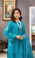 Shirt Embroidered karandi  Front 1.4M Embroidered Karandi Sleeves 26 Inches Embroidered back Daman Patti 3M Karandi back 1.4M  Trouser Karandi Trouser 2.5M Embroidered Trouser Motif 2Pcs  Dupatta Luxury Organza Dupatta 2.5M Embroidered Dupatta Patti 8M