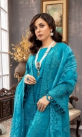 Shirt Embroidered karandi  Front 1.4M Embroidered Karandi Sleeves 26 Inches Embroidered back Daman Patti 3M Karandi back 1.4M  Trouser Karandi Trouser 2.5M Embroidered Trouser Motif 2Pcs  Dupatta Luxury Organza Dupatta 2.5M Embroidered Dupatta Patti 8M