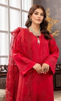 Shirt Embroidered Karandi Front 1.4M Karandi Back+Sleeves 2M Embroidered Sleeves Patti 1.4M  Trouser Karandi Trouser 2.5M  Dupatta Embroidered Luxury Organza Dupatta 2.5 M Embroidered Dupatta Patti 8M