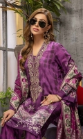 Shirt Printed Viscose Silk Front +Back +Sleeves 3.4M Embroidered Front Neck 1Pcs  Trouser Printed Viscose Silk Trouser 2.5M Embroidered Trouser Patti 1.25M  Dupatta Embroidered Luxury Dupatta 2.5M Embroidered Dupatta Patti 8M