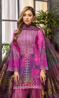 Shirt Printed Viscose Silk Front +Back +Sleeves 3.4M Embroidered Front Neck 1Pcs  Trouser Printed Viscose Silk Trouser 2.5M  Dupatta Embroidered Luxury Dupatta 2.5M Embroidered Dupatta Patti 8M
