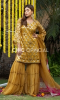 Banarsi Organza Shirt Embellished with kora crystal and stones paired up with chiffon ghahgra pants. Color Block Charma detailed dopatta is designed to complete look of this suit