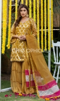 Banarsi Organza Shirt Embellished with kora crystal and stones paired up with chiffon ghahgra pants. Color Block Charma detailed dopatta is designed to complete look of this suit