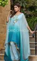 Color Gradient Chiffon Cape adorned with resham floral motif embellished with sequins stones pearls and lace flowers. Edges of cape is embellished with pearl hangings paired up with organza pleated boot cut pants