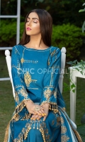 Featuring Petroleum Blue Blockprint Cotton silk Shirt embellished with premium block print motif and pearl detail lace styled with lace embellished wide leg pants and chiffon block print dupatta  