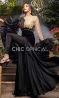 Premium Velvet Mermaid Slit Open Maxi Embellished with Handwork of pearls paired up with straight capri pants.Pleated Tissue fabric Sleeve Shrug is paired up to Complete this Chic Statement look