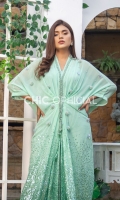 Premium Sequins adorned Chiffon  Front open Kaftan embellished with 3D Flowers of Sequins and Pearls . Neckline is Embellished with pearl chain.Pleated Organza Flairs are added on the edges of Kaftan to make it a head turner piece