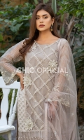 Straight Cut Organza Shirt Featuring Embellished Net sleeves with handwork of pearl stones and crystals. Shirt is adorned with laces and embellished 3D Flowers. Lace Detailed Pleated paints and mirror embellished motif work on Dopatta complete the look of this...