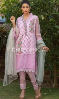 Straight Cut Self Printed Organza Shirt Featuring Silk Thread Rosette motifs adorned with pearl and sequins. Kurta pati is adorned with fabric manipulated petals crystals pearls and sequins. 3 color Dyed pearl net dopatta and lace detailed cotton silk pants...