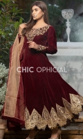 Celeste Maroon with Umbrella cut Velvet Frok Embellished with handwork of kora stones beeds pearls and metal rings paired up with lace detailed pleated pants and Color block Charma detailed organza dopatta