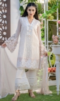 Premium Paneled chiffon shirt embellished with 3D floral handwork and organza border paired up with detailed rawsilk pants and lace edged pearl studded chiffon dupatta.