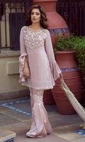 Premium chiffon suit embellished with hand work of 3d flowers, pearls and sequins stylized it with upside down peplum sleeves and classy gharara pants paired up with chiffon dopatta