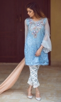 This beautiful Dual shaded organza dress is embellished with 3D handwork of flowers, stones and crystals, paired up with with silk laced pants with contrast crystal studded dopatta