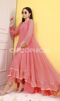 Kamdani Chiffon Frok Embellished with Mirror Borders, ruffled dupatta and mirror border embellished trousers
