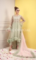 Premium Net Ruffle Trail Frok embellished with handwork of sequins and crystals paired up with ruffle organza chiffon dupatta and lace embellished cotton silk pants