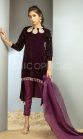 Premium Velvet High Low Shirt embellished with handwork of pearls and sequins on neckline styled with sequin velvet puff sleeves paired with straight capri pants comes with beautiful pleated dupatta with sequin velvet finishing