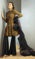 Premium Sequin Velvet Peplum with slightly puff sleeves paired up with peplum pants beautified with organza Frill dupatta.
