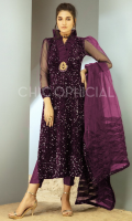Premium Sequin Embellished velvet Straight Silhouette beautified with Organza ruffle neckline with a statement handmade brouche of kora sequins and crystals paired up with straight pants and pleated organza dupatta.