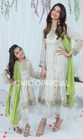Premium Chicken kari pishwas embellished with handwork of resham, pearls and mirror beautified with iconic mirror lace and double layer of net frill. Styled with Cotton silk straight pants and contrast Macaw green lace and mirror embellished dopatta.