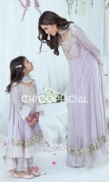 Breezy Pastel violet Kamdani chifon frock is embellished with traditional handwork of kora, pearls, beeds and stones adorned with statement mirror lace and organza frills paired up with straight cotton silk pants and chiffon dopatta having details of organza frills...