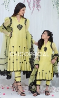 This Beautiful Khadi net long A line shirt is adorned with resham and mirror work embroidery styled with side pockets and puff sleeves. It comes with lace and pleat detailed straight trousers paired up with organza dopatta having pleats and...