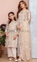 Premium Lama Tissue shirt embellished with resham and mirror work motif beautified with lace and printix detailing Paired up with detailed wide leg pants and lace detailed organza dopatta