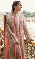 Shirt: • Front Embroidered Sequins Net • Back Embroidered Sequins Net • Embroidered Sequins Sleeves Net Attachments: • Embroidered Borders for Sleeves on organza • Front and back Border for shirt on embroidered organza Dupatta: • Sequins embroidered Dupatta on Net • Pallu on embroidered organza • Two side border for dupatta on embroidered organza Trouser: • Dyed raw silk trouser