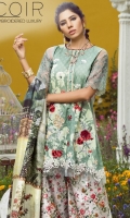 1.25 Yards Embroidered Printed Lawn Front 1 Yard Embroidered Organza Front Border 1.25 Yards Printed Lawn Back 1 Yard Embroidered Organza Back Border 0.75 Yard Printed Lawn Sleeves 0.75 Yard Embroidered Organza Sleeve Border 2.75 Yards Printed Mid-Silk Dupatta