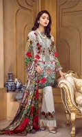 Lawn Digital Front : 1.25 m Lawn Digital Back : 1.25 m Lawn Printed Sleeves : 0.65 m 100% Pure Silk Dupatta : 2.5 m Dyed Cotton Trouser : 2.5 m  Embroidery Embroidered Neckline : 1 Piece Embroidered Border : 1 m