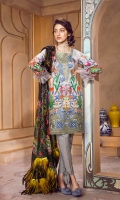 Lawn Digital Front : 1.25 m Lawn Digital Back : 1.25 m Lawn Printed Sleeves : 0.65 m 100% Pure Chiffon Dupatta : 2.5 m Dyed Cotton Trouser : 2.5 m  Embroidery Embroidered Neckline : 1 Piece Embroidered Border : 26 Inches