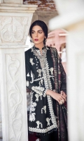 1. 0.67 meters Embroidered Front on Khaddar with Sheesha Work 2. 0.67 meters Side Panels on Khaddar with Dori and Sheesha Work 3. 0.67 meters Embroidered Sleeves on Khaddar with Dori and Sheesha Work 4. 1.25 meters Khaddar for Back 5. 0.80 meters Embroidered Border on Khaddar with Boreing and Sheesha Work for Front Daman 6. 0.80 meters Embroidered Border on Khaddar with Boreing for Back Daman 7. 2 meters Embroidered Border with Dori on Khaddar 8. 2 meters Embroidered Plaquette on Khaddar with Dori and Sheesha Work 9. 2.5 meters Jacquard Woven Shawl 7. 2.5 meters Solid Dyed Cambric for Pants