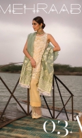 1. 1.1 meters Sequined and Hand Embellished Front on Chiffon Gorgette  2. 1.1 meters Woven Jacquard Net Back  3. 1 meter Embroidered and Sequined Border for Sleeves  4. 0.85 meters Sequined and Hand Embellished Daman  5. 5 meters Embroidered Border for Dupatta  6. 0.85 meters Solid Dyed Chiffon Gorgette Sleeves  7. 0.33 meters Embroidered and Sequined Side Panels  8. 1.5 meters Solid Dyed Cotton Silk Lining  9. 2.5 meters Solid Dyed Raw Silk Pant 10. 2.5 meters Embroidered Organza Dupatta with Crystals