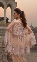1. 0.67 meters Embroidered and Sequined Front on Net 2. 0.67 meters Embroidered and Sequined Back on Net 3. 1.6 meters Embroidered and Sequined Sleeve Border on Net 4. 0.33 meters Solid Dyed Net 5. Cutwork Sequined Neckline 6. 1 meter Hand Worked Pearl and Sequins Spray 7. 1 3D Embellished Ada Patti 8. 2.5 meters Crystal Encrusted Net Dupatta with 3D Flower Spray and Border 9. 2.5 meters Solid Dyed Cotton Silk Lining 10. 2.5 meters Solid Dyed Rawsilk Pant