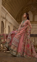 1. 1.1 meters Chata Patti and Embroidered Front 2. 1.9 meters Solid Dyed Net 3. 2 meters Gota Border for Daman 4. 4 meters Gota Border for Lehnga 5. 1 Embroidered and Sequined Back Motif 6. 2 Appliqued, Embroidered and Sequined Daman 7. Appliqued, Embroidered and Sequined Windows for Front 8. Hand Embellished Tassels 9. 2 meters Tareez Patti 10. 3 meters Talpat Patti 11. 1.4 meters Gold Printed Pure Medium Organza for Dupatta 12. 5 meters Embroidered and Sequined Zig Zag Border for Dupatta 13. 2 meters Diamond Chata Patti Border for Dupatta 14. 2 meters Booti Embroidered and Sequined Border for Dupatta 15. 2 meters Linear Embroidered and Sequined Border for Dupatta 16. 2 Chata Patti, Embroidered and Sequined Cuffs for Sleeves 17. 5 meters Solid Dyed Rawsilk Pant 18. 2.5 meters Solid Dyed Cotton Silk Lining