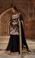 1. 0.67 meters Naqshi Embroidered Front on Pure Katan Organza 2. Front and Back Appliqued and Naqshi Embroidered Daman and Slits 3. Appliqued and Naqshi Embroidered Sleeve Border 4. 1 Appliqued and Naqshi Embroidered Panel for Back 5. 3 meters Embroidered and Sequined Border on Green Rawsilk 6. 3 meters Embroidered and Sequined Border on Pink Rawsilk 7. 3 meters Embroidered and Sequined Border on Red Rawsilk 8. 3 Ada Worked Buttons 9. 2.5 meters Marori Worked Velvet Shawl with Borders 10. Solid Dyed Cotton Net for Sleeves and Back 11. 2.5 meters Solid Dyed Rawsilk Pant 12. 2.5 meters Cotton Silk Lining