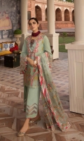 1. 0.8 meters Embroidered Front on Lawn  2. 0.8 meters Embroidered Back on Lawn  3. 1 meter Embroidered Sleeve Border  4. 1 Organza Appliqued Neckline Insert  5. 4 Embroidered Slits on Organza  6. 0.8 meters Embroidered Daman Lace  7. 1.3 meters Organza Appliqued Pant Border  8. 4 Embroidered Slits on Organza for Pants   9. 2 Embroidered Daman Inserts  10. 2.5 meters Solid Dyed Pant  11. 2.5 meters Embroidered Dupatta on Chanderi Net with Sheesha Work