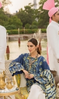 1. 0.8 meters Embroidered Lawn Front with Sheesha  2. 0.8 meters Embroidered Lawn Back with Sheesha  3. 0.65 meters Embroidered Lawn Sleeves with Sheesha  4. 0.5 meters Solid Dyed Side Panels for Extension  5. 2.5 meters Pant with Hand Printed Border  6. 2.5 meters Medium Silk Dupatta with Foiling