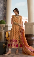 1. 0.8 meters Lawn Front with Organza Appliques  2. 1.25 meters Hand Printed Back with Gold Outlines  3. 0.5 meters Hand Printed Insert with Gold Outlines  4. 0.65 meters Solid Dyed Lawn for Sleeves  5. 0.80 meters Embroidered Chata Patti Border  6. 2 meters Embroidered Talpat   7. 2.5 meters Embroidered Tareez  8. 2.50 meters Hand Printed Pant  9. 2.50 meters Gold Woven Dupatta