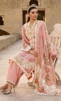One Front of Organza and Lace Panels One Sheesha Worked Neckline 1 meter Lace for Neckline One Cutwork Neckline Two Cutwork Daman 0.67 meters Back with Embroidered Motif 0.60 meters Sleeves with Embroidery and Lace Border 2 meters Embroidered Woven Net Dupatta 2 Embroidered Dupatta Pallus on Organza 2.5 meters Solid Dyed Pant