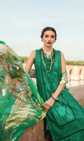 One Lace Center Panel on Lawn Two Lace Side Panels on Lawn 0.67 meters Back with Embroidered Motif on Lawn 2 Embroidered Motifs on Organza for Sleeves 0.60 meters Plain Fabric for Sleeves 2.5 meters Gold Leaf on Printed Silk Dupatta 2.5 meters Solid Dyed Pant 