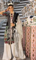 1. 0.70 meters Embroidered Front on Lawn  2. 1.35 meters Digital Printed Back   3. 0.70 meters Embroidered Sleeves   4. 1 Appliqued Daman Border   5. 1.10 meters Appliqued Border for Sleeves   6. 2 meters Embroidered Tape on Organza   7. 2.50 meters White on White Paste Printed Pant  8. 2.50 meters Varq Printed Chanderi Net Dupatta