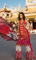 1. 0.70 meters Embroidered Front on Lawn  2. 1.35 meters Digital Printed Back   3. 0.70 meters Solid Dyed Lawn for Sleeves   4. 1 Embroidered Daman Border   5. 1.2 meters Printed Chamoise Border for Sleeves   6. 2 meters Embroidered Tape on Organza   7. 2.50 meters Solid Dyed Pant  8. 2.50 meters Medium Silk Printed Dupatta