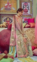 1. 1 meter Embroidered and Sequined Front on Net with Pearl and Crystal Work  2. 1 meter Embroidered and Sequined Back on Net  3. 1 meter Embroidered and Sequined Border for Sleeves   4. 0.65 meters Sheesha Worked Bazoo on Net  5. 1 Sheesha worked Neckline  6. 1 Back Motif  7. 1 Crystal Encrusted Hand Worked Motif for Neckline  8. 2.5 meters Embroidered and Sequined Dupatta on Net    9. 5 meters Gold Printed Rawsilk Pant  10. 2.5 meters Cotton Silk Lining