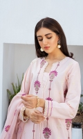 SHIRT LAWN EMBROIDERED SHIRT FRONT, BACK, AND SLEEVES  TROUSERS DYED CAMBRIC TROUSER  DUPATTA EMBORIDERED RAJJO NET DUPATTA
