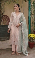 Organza Embroidered hand-embalished left panel Organza Embroidered hand-embalished Right panel Organza Embroidered hand-embalished front&back border 72” Organza embroidered hand-embalished centre patti 104” Organza embroidered hand-embalished sleeve 26” Organza embroidered dupatta 2.75 yards Raw silk trouser 2.5 yards