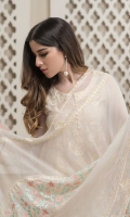 Embroidered Chiffon Front 1 meter Embroidered Daman For Front 1PC Embroidered Chiffon Back 1 meter Embroidered Daman For Back 1PC Plain Chiffon For Sleeves 0.6 yard Embroidered Sleeves Border Dyed Malai For Lining 2 yards Dyed Raw Silk For Trouser 2.5 yards Embroidered Chiffon Dupatta 2.5 yards