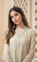 Embroidered Chiffon Front 1 meter Embroidered Daman For Front 1PC Embroidered Chiffon Back 1 meter Embroidered Daman For Back 1PC Embroidered Chiffon For Sleeves 0.6 yard Embroidered Sleeves Border Dyed Malai For Lining 2 yards Dyed Raw Silk For Trouser 2.5 yards Embroidered Chiffon Dupatta 2.5 yards